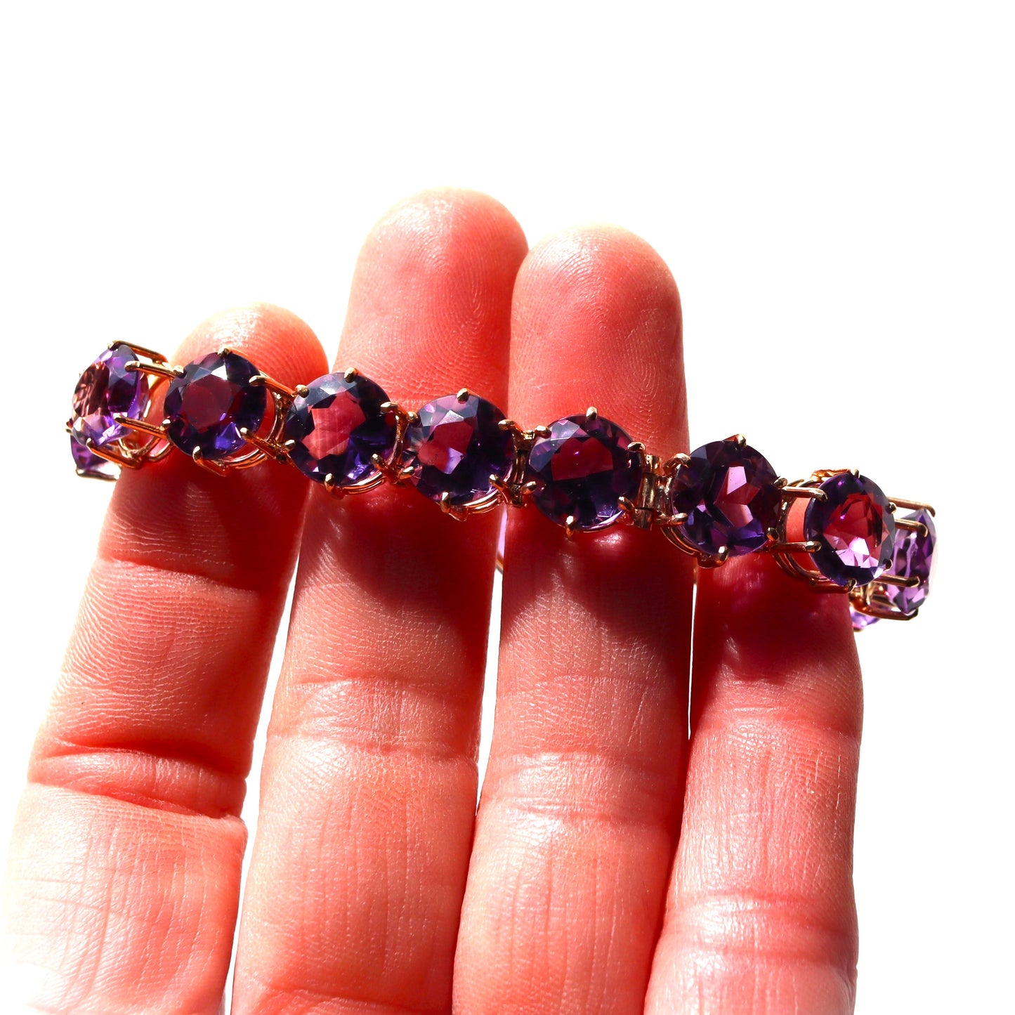 Vintage Estate 14k Gold Large Amethyst Tennis Bracelet 32 + carats 6.5"