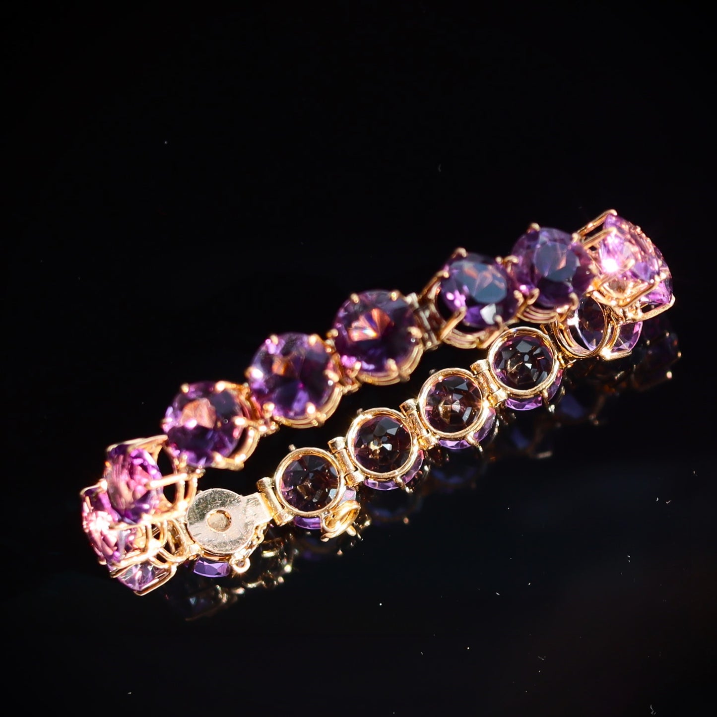 Vintage Estate 14k Gold Large Amethyst Tennis Bracelet 32 + carats 6.5"