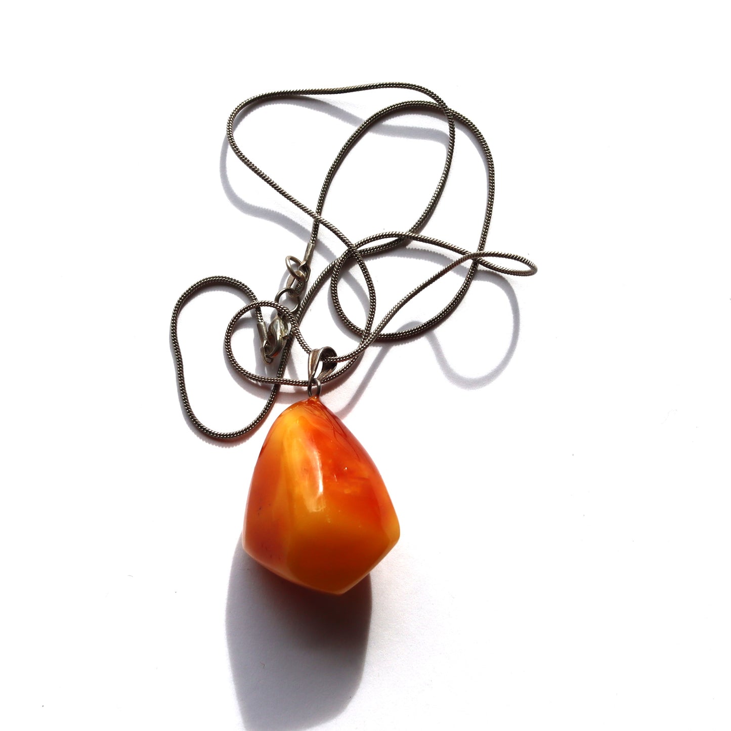 Mid Century Natural Egg Yolk Butterscotch Amber Pendant w/ Sterling Chain
