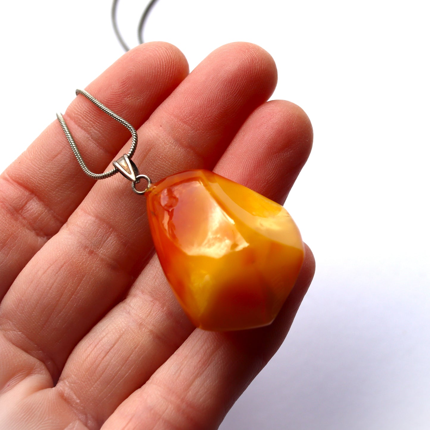 Mid Century Natural Egg Yolk Butterscotch Amber Pendant w/ Sterling Chain