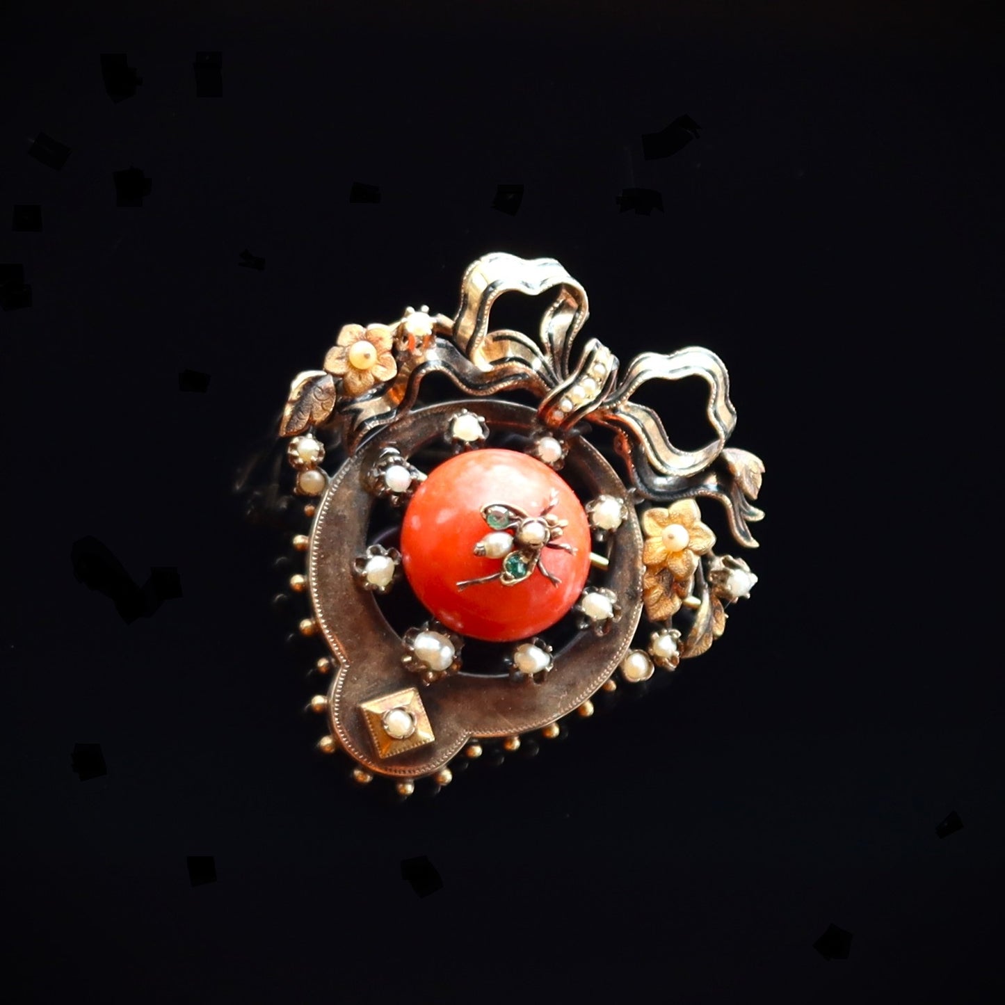 Victorian 14k Gold Enamel Mediterranean Coral Pearl Emerald Fly Brooch a/f