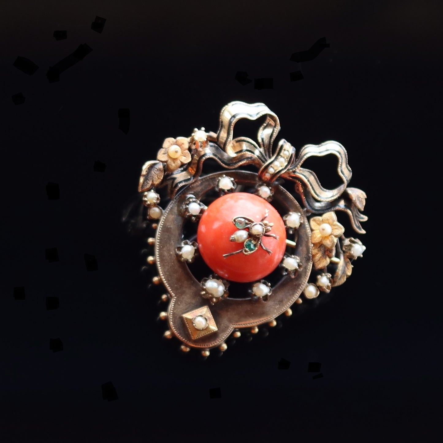Victorian 14k Gold Enamel Mediterranean Coral Pearl Emerald Fly Brooch a/f