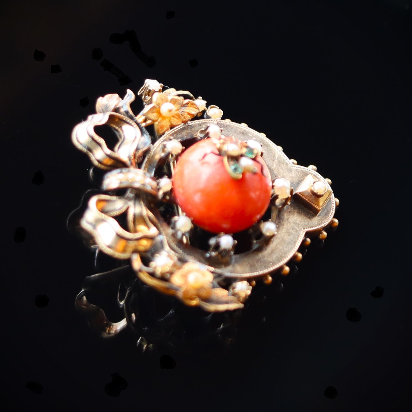 Victorian 14k Gold Enamel Mediterranean Coral Pearl Emerald Fly Brooch a/f