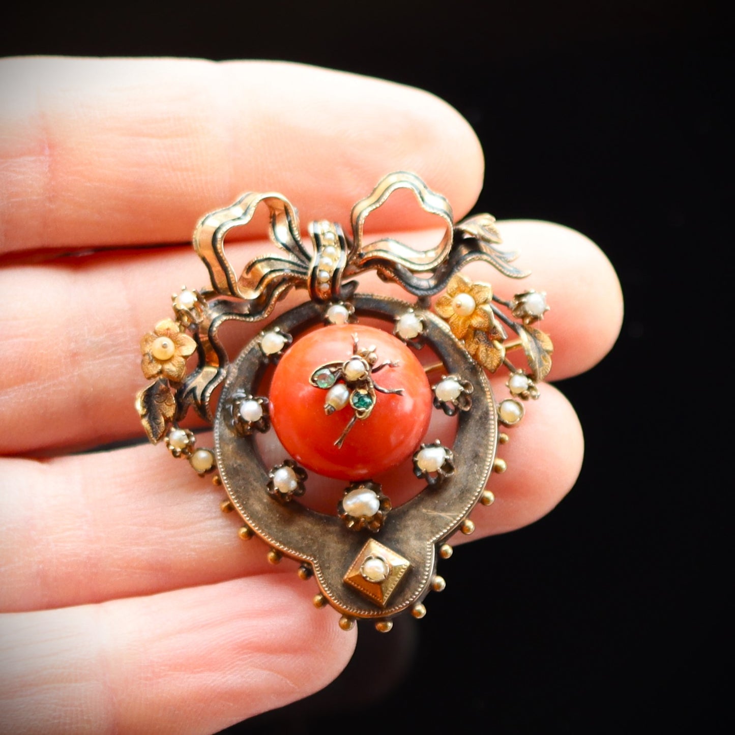 Victorian 14k Gold Enamel Mediterranean Coral Pearl Emerald Fly Brooch a/f