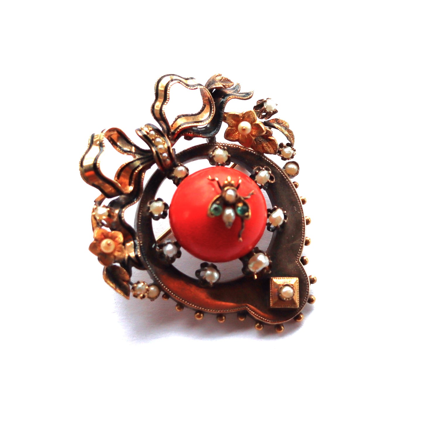 Victorian 14k Gold Enamel Mediterranean Coral Pearl Emerald Fly Brooch a/f