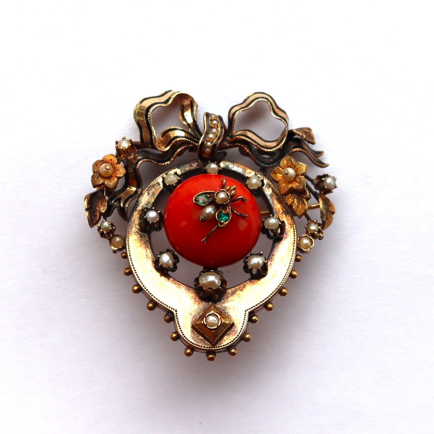 Victorian 14k Gold Enamel Mediterranean Coral Pearl Emerald Fly Brooch a/f