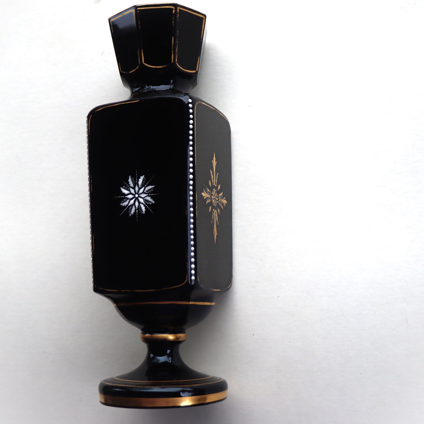 Antique Victorian Bohemian Black Glass Gilded Enamel Harrach Vase c1860