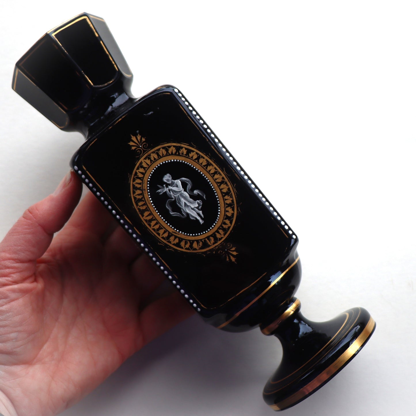 Antique Victorian Bohemian Black Glass Gilded Enamel Harrach Vase c1860