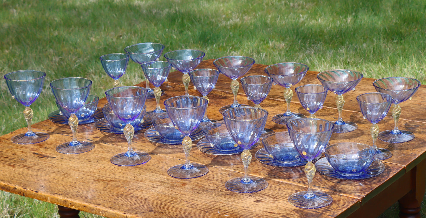 Amazing Italian Venetian Salviati Mouthblown Murano Blue Gold Leaf 5 Piece Glassware Set 30pcs