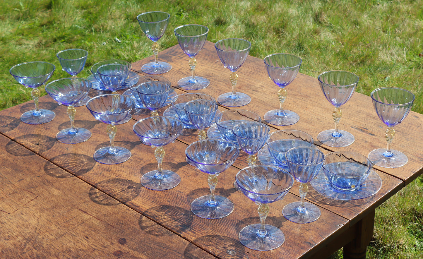 Amazing Italian Venetian Salviati Mouthblown Murano Blue Gold Leaf 5 Piece Glassware Set 30pcs