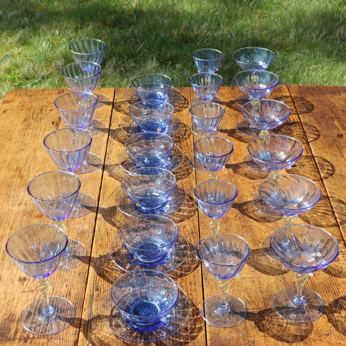 Amazing Italian Venetian Salviati Mouthblown Murano Blue Gold Leaf 5 Piece Glassware Set 30pcs