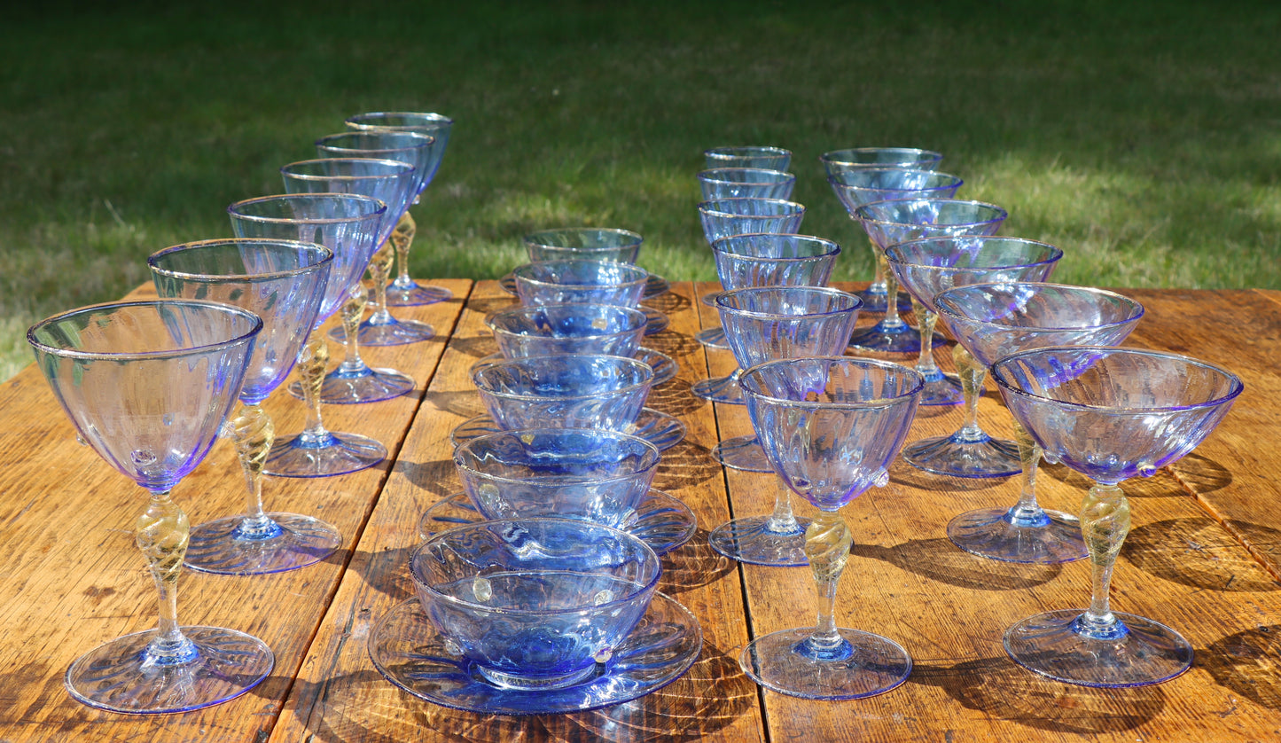 Amazing Italian Venetian Salviati Mouthblown Murano Blue Gold Leaf 5 Piece Glassware Set 30pcs