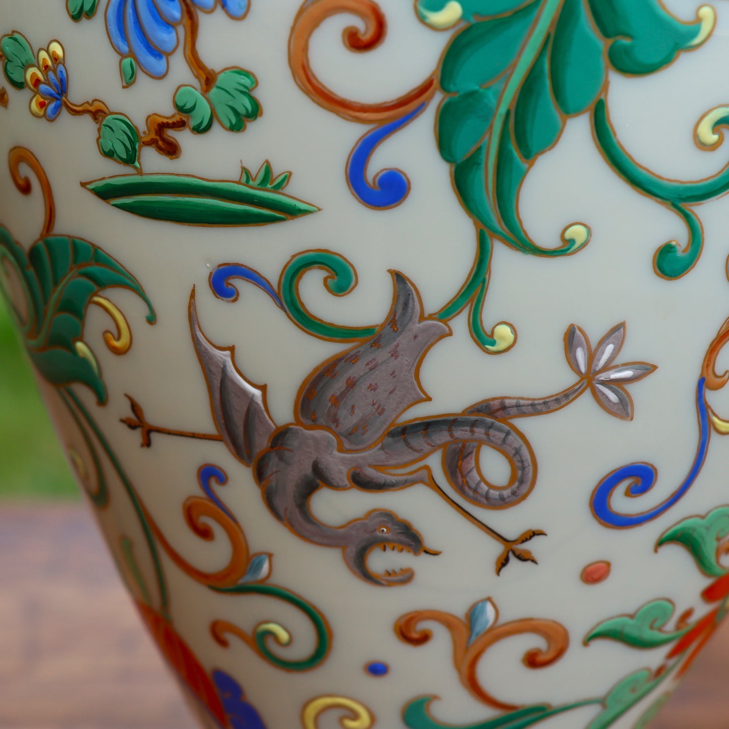 Rare 19thc Bohemian Czechoslovakian Milk Glass Enamel Vase Chinese Buddhist Symbolism 17"