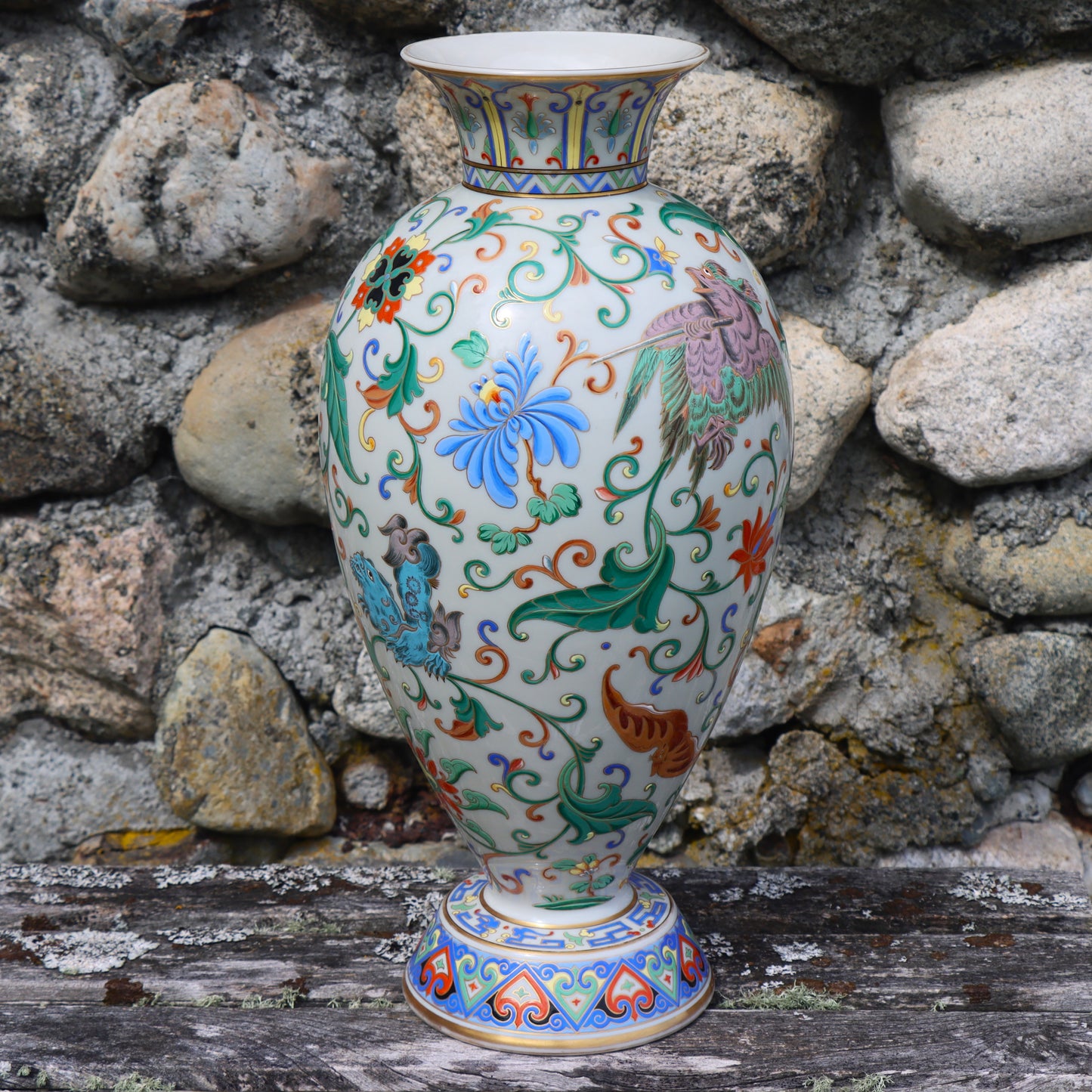 Rare 19thc Bohemian Czechoslovakian Milk Glass Enamel Vase Chinese Buddhist Symbolism 17"