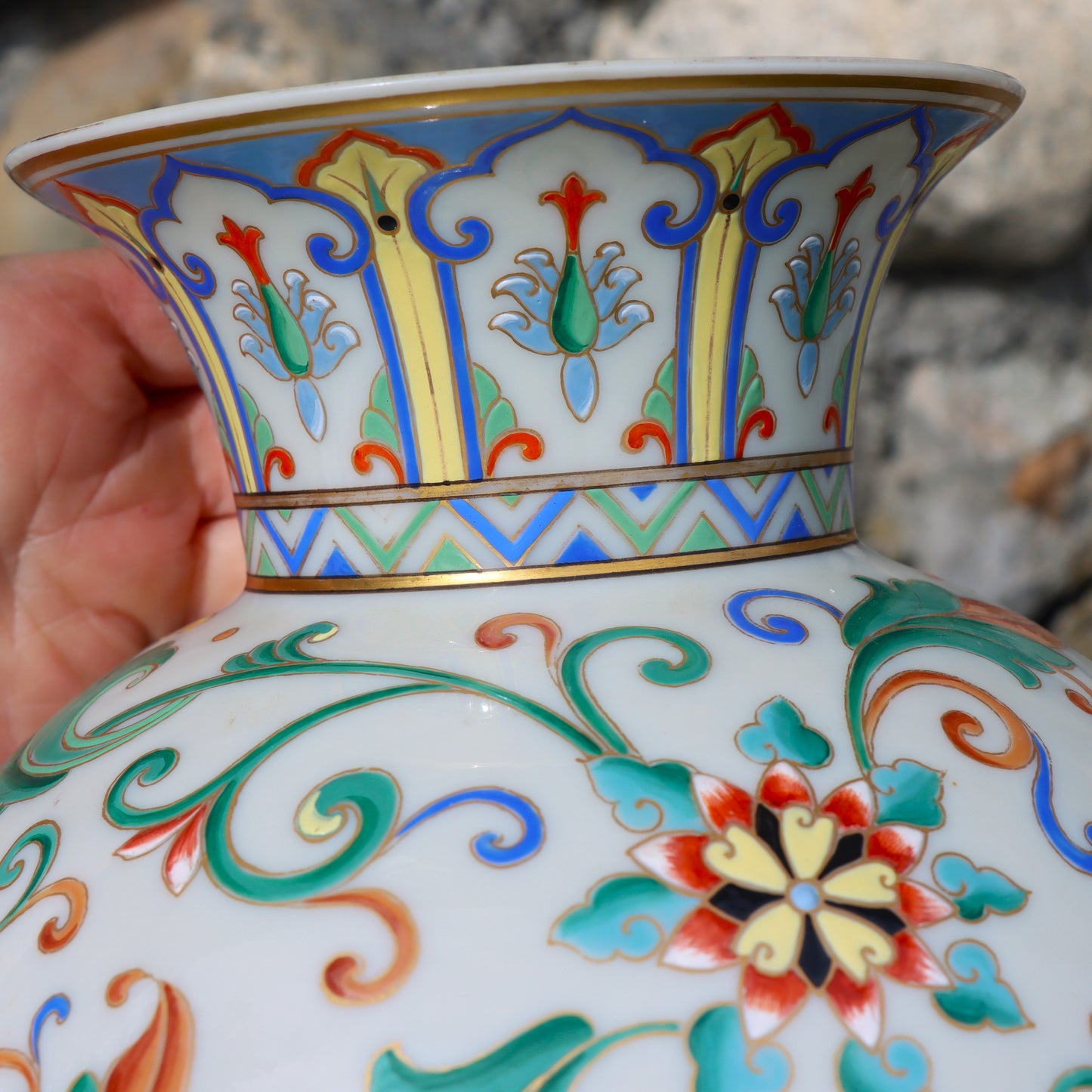 Rare 19thc Bohemian Czechoslovakian Milk Glass Enamel Vase Chinese Buddhist Symbolism 17"