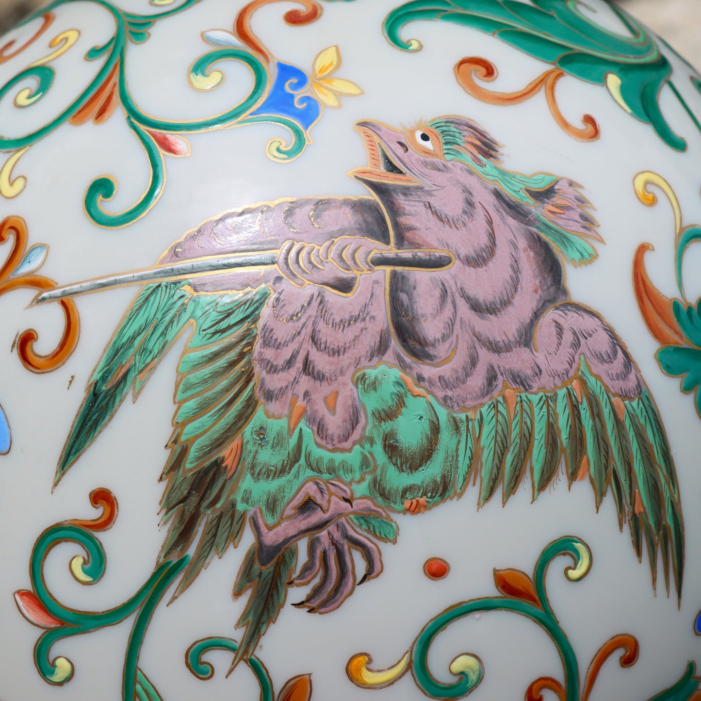 Rare 19thc Bohemian Czechoslovakian Milk Glass Enamel Vase Chinese Buddhist Symbolism 17"