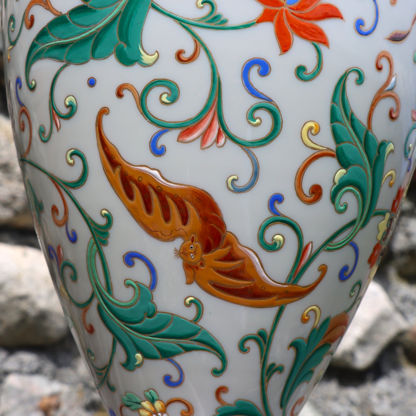 Rare 19thc Bohemian Czechoslovakian Milk Glass Enamel Vase Chinese Buddhist Symbolism 17"