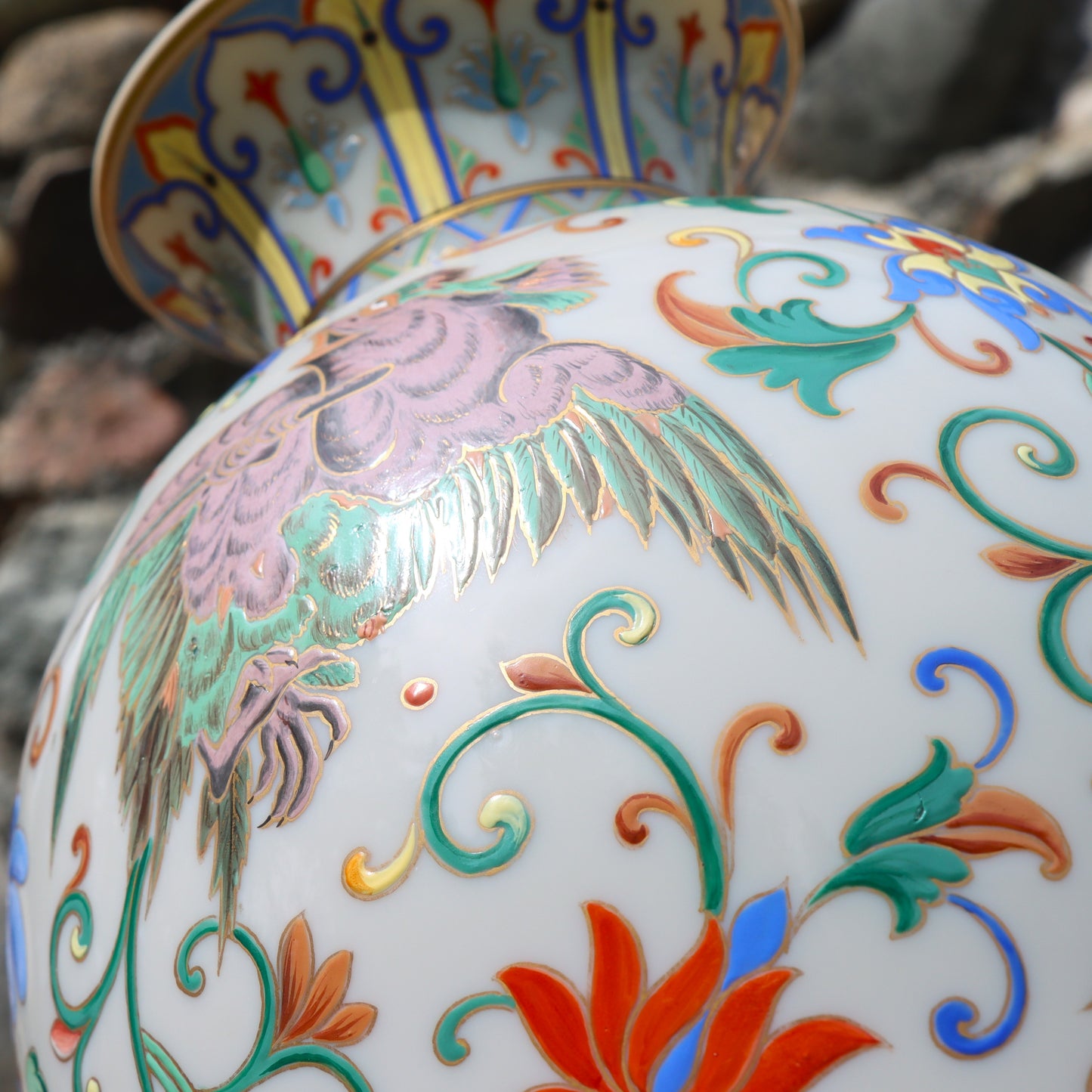 Rare 19thc Bohemian Czechoslovakian Milk Glass Enamel Vase Chinese Buddhist Symbolism 17"
