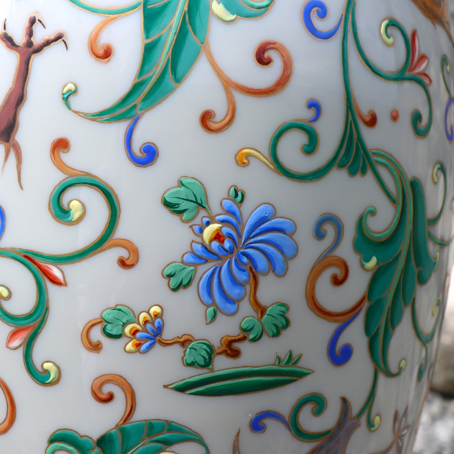 Rare 19thc Bohemian Czechoslovakian Milk Glass Enamel Vase Chinese Buddhist Symbolism 17"