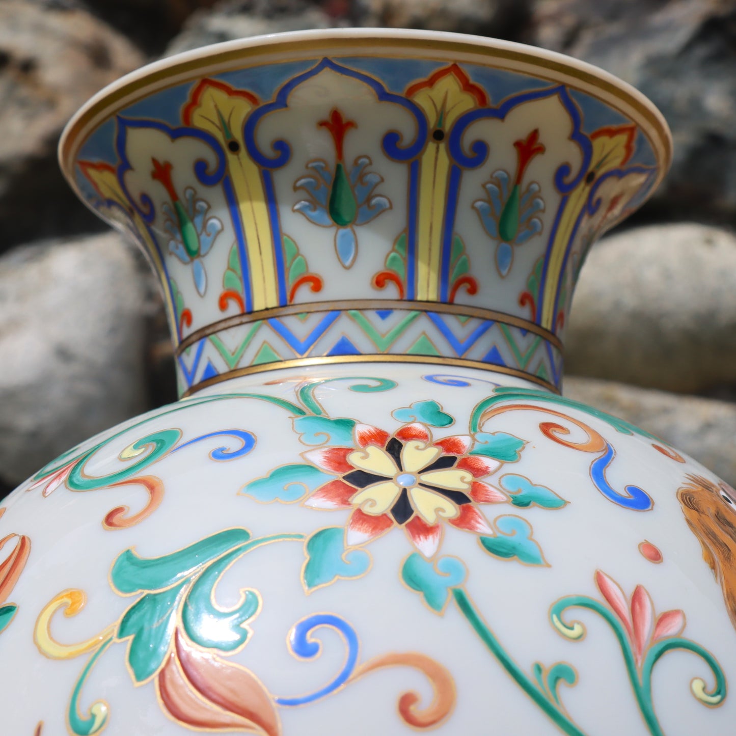 Rare 19thc Bohemian Czechoslovakian Milk Glass Enamel Vase Chinese Buddhist Symbolism 17"