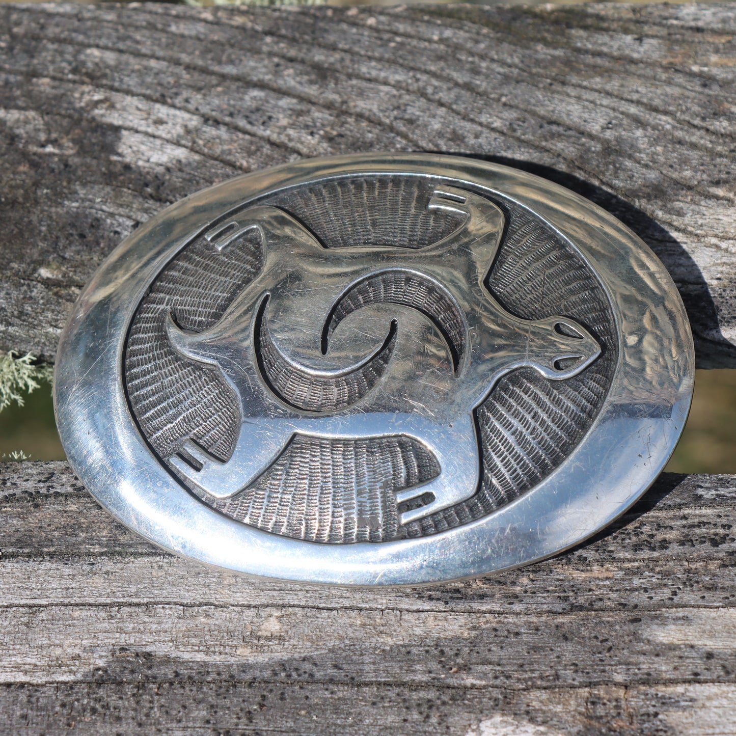 Vintage Hopi Signed Sterling Silver Overlay Turtle Motif Totem Southwest Belt Buckle