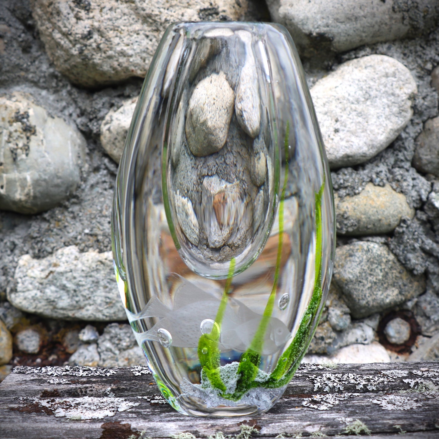 Vintage Mid Century Swedish Modern Art Glass Vase Vicke Lindstrand Seaweed for Kosta Boda