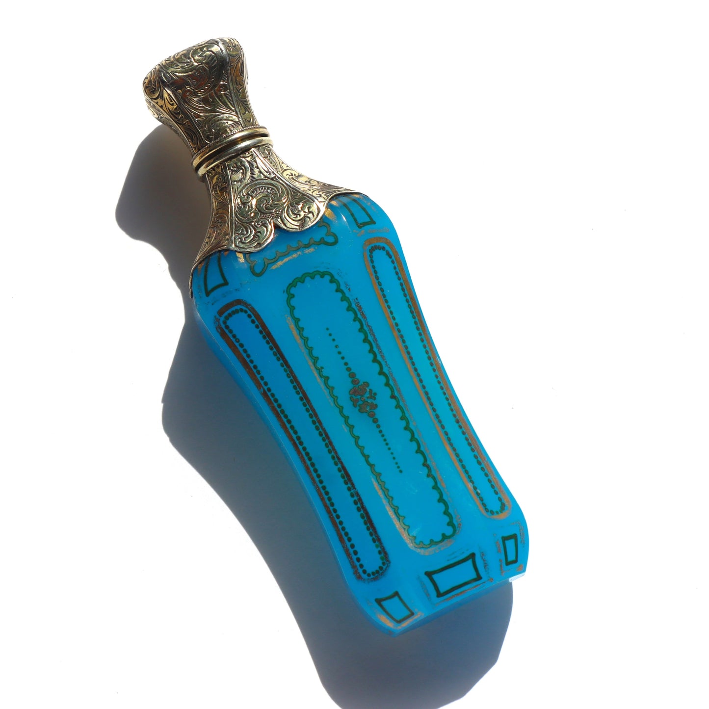 Antique French Sevres Blue Opaline Glass Sterling Vermeil Lay Down Perfume Bottle Flask c1850