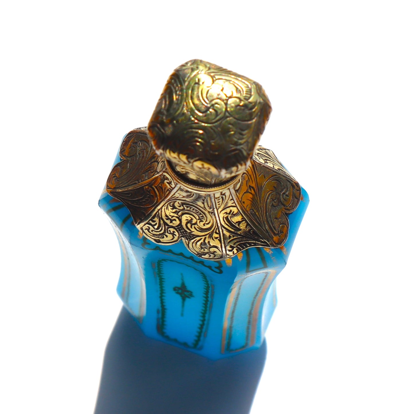 Antique French Sevres Blue Opaline Glass Sterling Vermeil Lay Down Perfume Bottle Flask c1850
