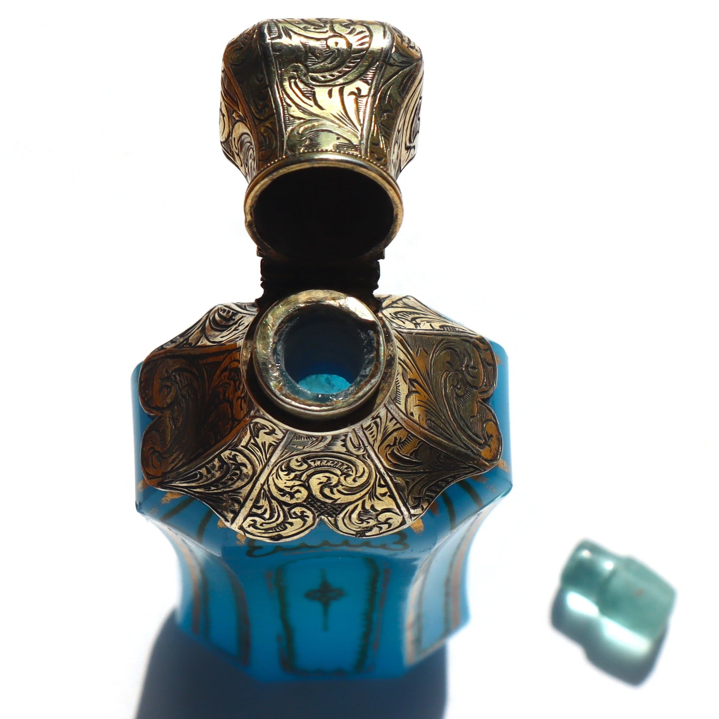 Antique French Sevres Blue Opaline Glass Sterling Vermeil Lay Down Perfume Bottle Flask c1850