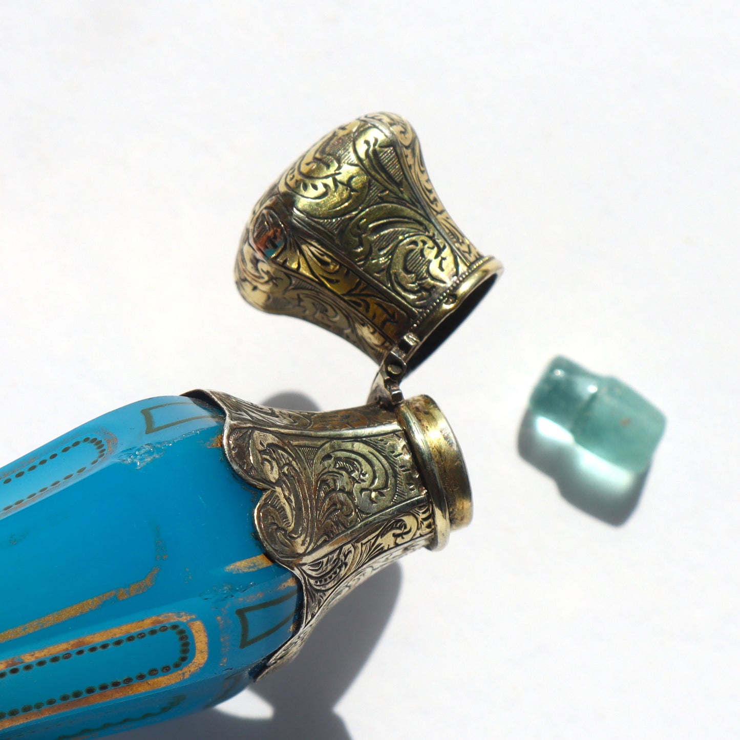 Antique French Sevres Blue Opaline Glass Sterling Vermeil Lay Down Perfume Bottle Flask c1850