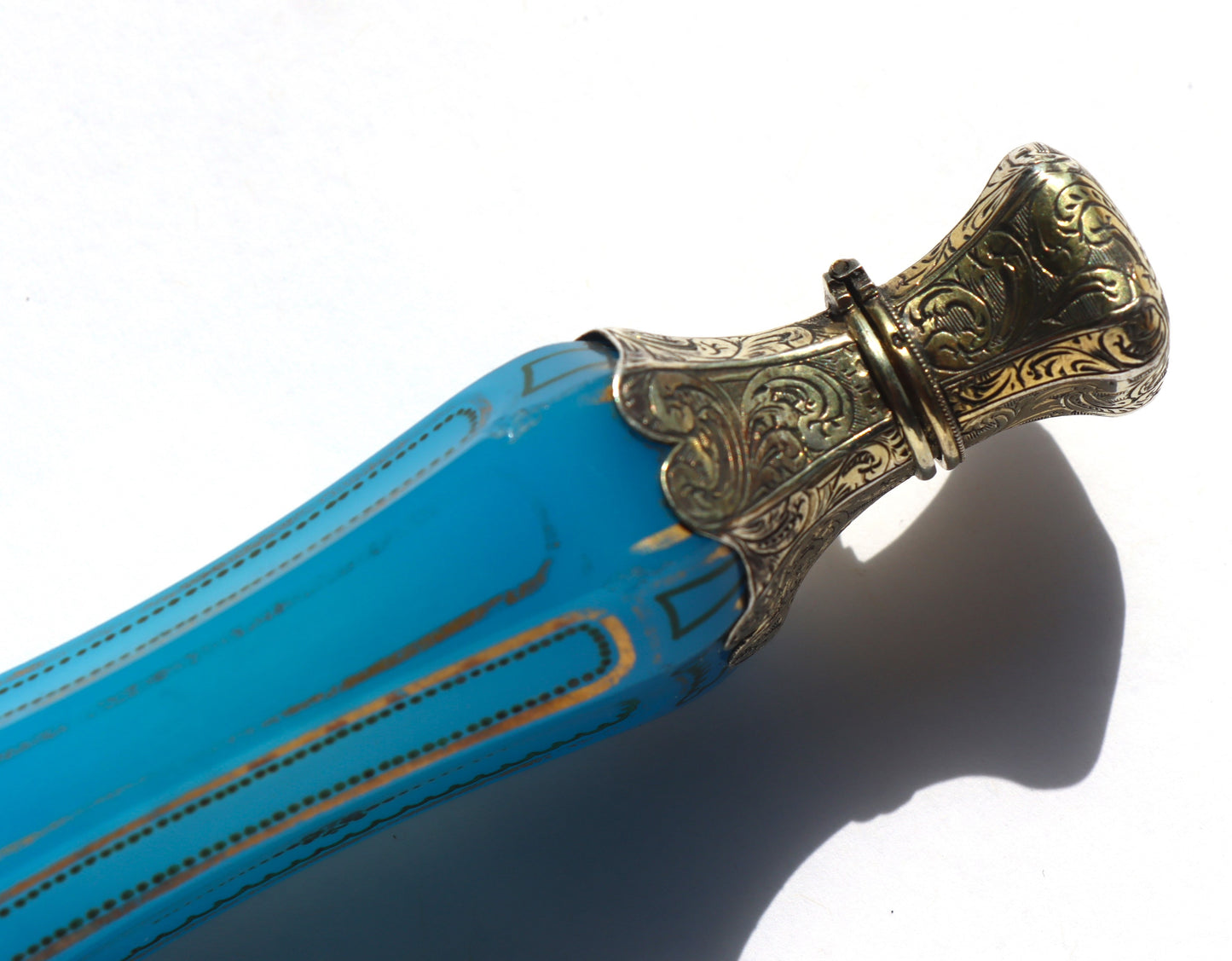 Antique French Sevres Blue Opaline Glass Sterling Vermeil Lay Down Perfume Bottle Flask c1850