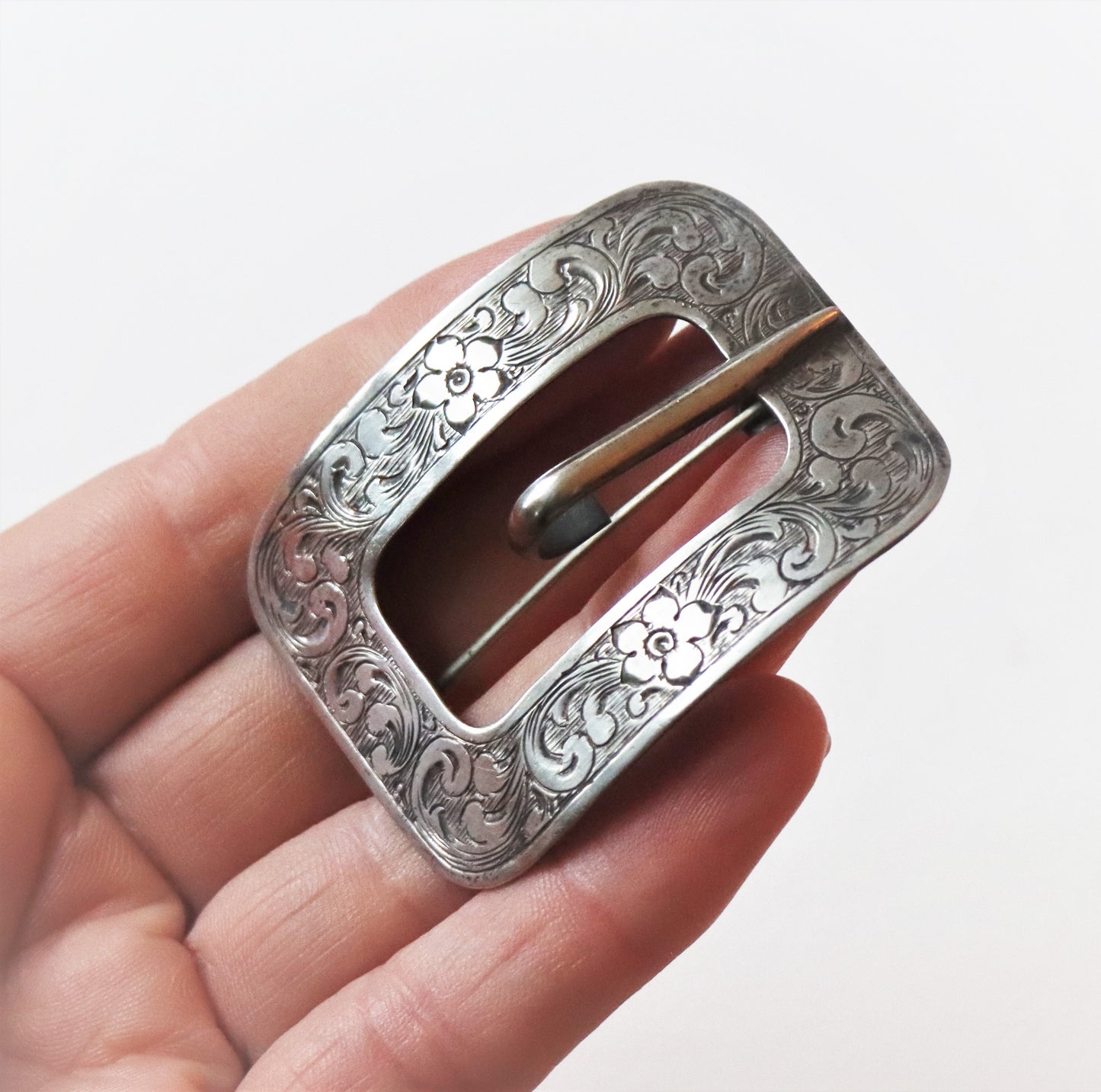 Large Art Nouveau Floral Sterling Silver Sash Scarf Buckle Brooch Signed c1910