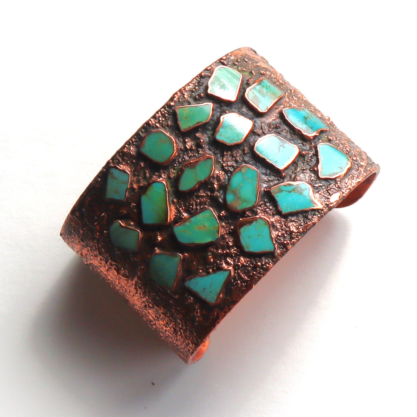 Vintage Mid Century Modern Solid Copper Bell Turquoise Inlaid Molten Cuff Bracelet