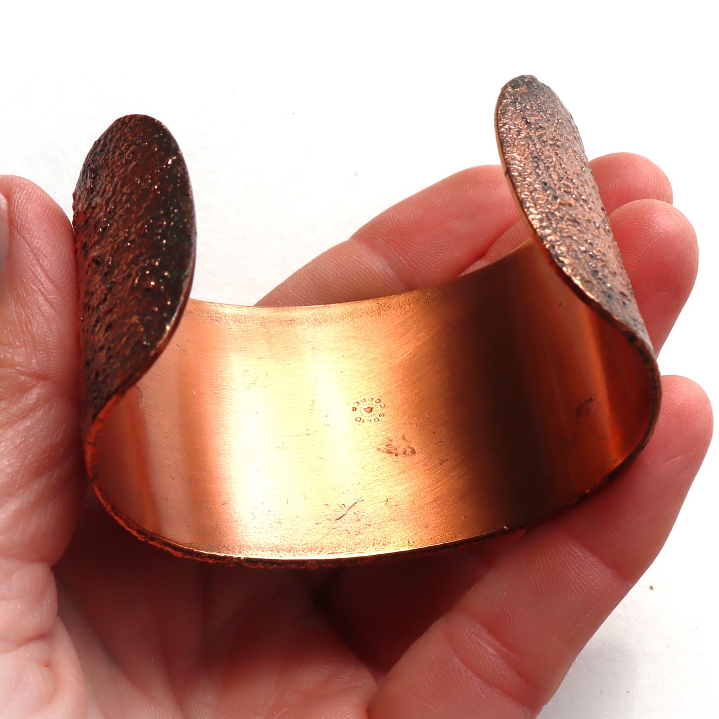 Vintage Mid Century Modern Solid Copper Bell Turquoise Inlaid Molten Cuff Bracelet