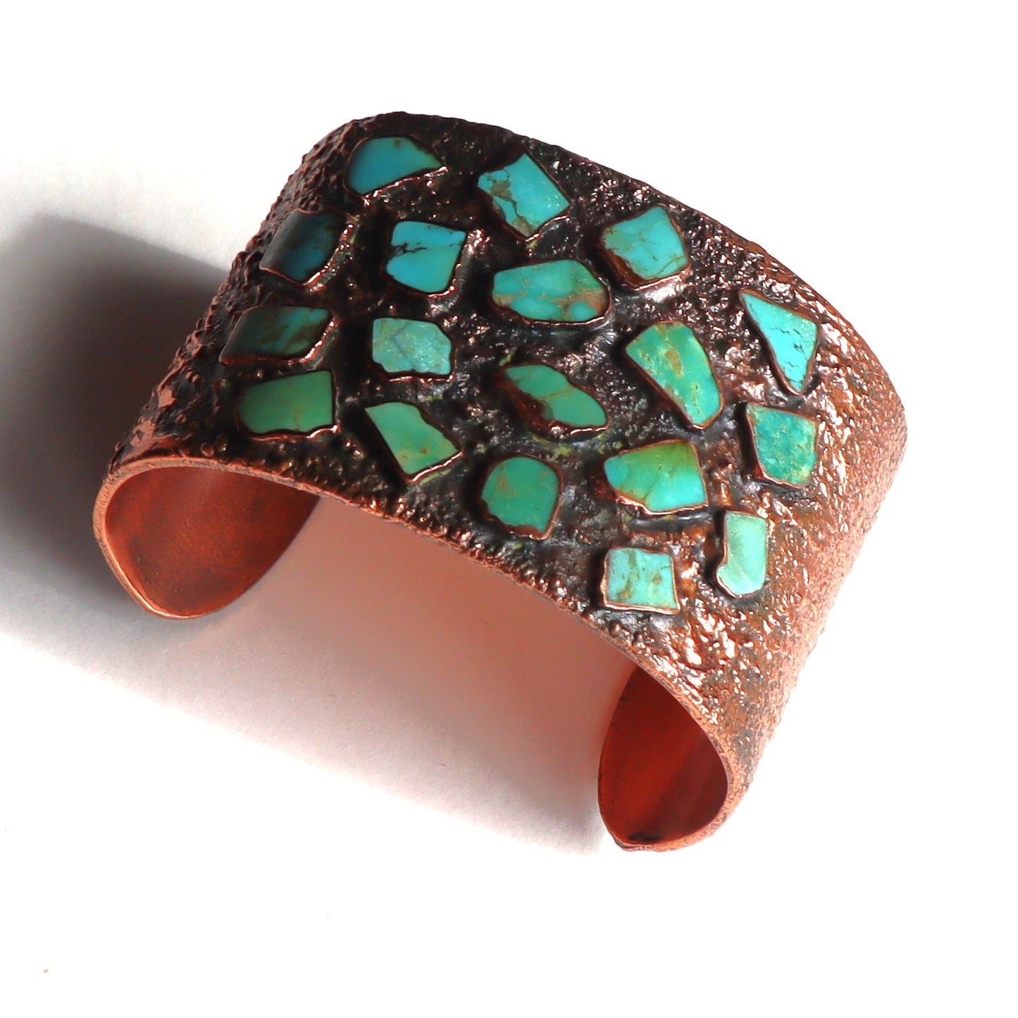 Vintage Mid Century Modern Solid Copper Bell Turquoise Inlaid Molten Cuff Bracelet