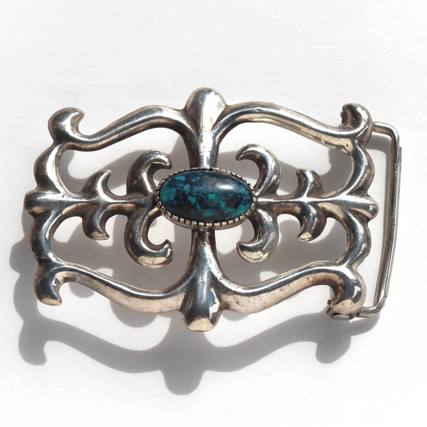 Vintage Navajo Sand Tufa Cast Sterling Silver Turquoise Signed Fred Baca Belt Buckle