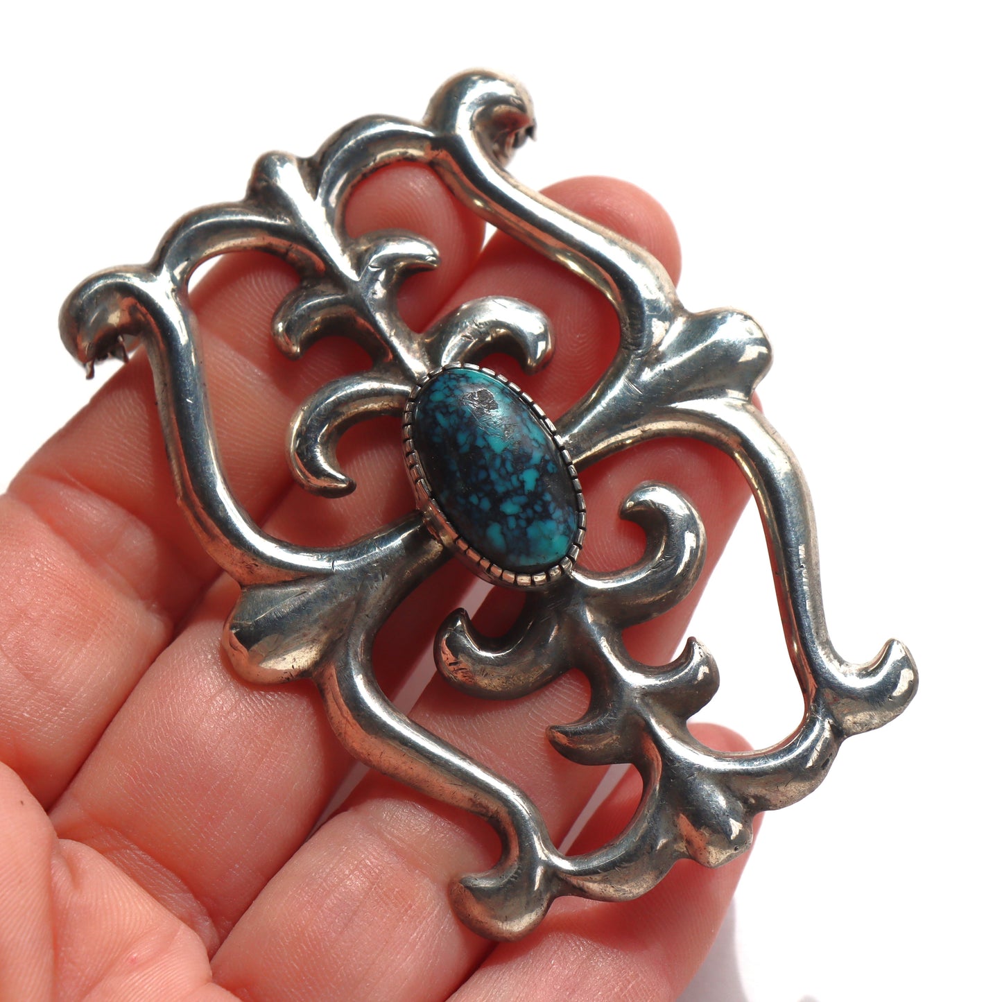 Vintage Navajo Sand Tufa Cast Sterling Silver Turquoise Signed Fred Baca Belt Buckle