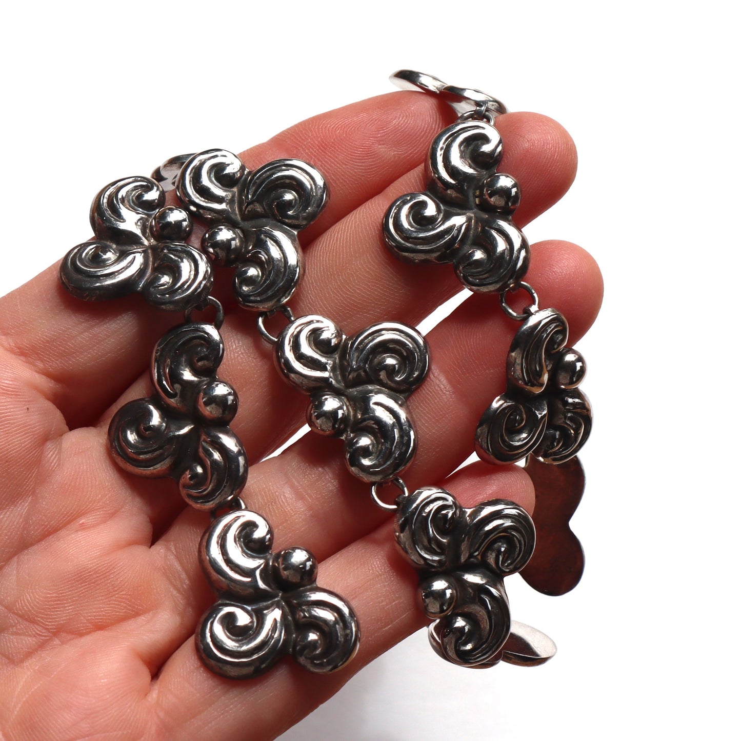 Vintage Taxco Mexico Sterling Silver Hollow Scroll Motif Fancy Link Chain Necklace