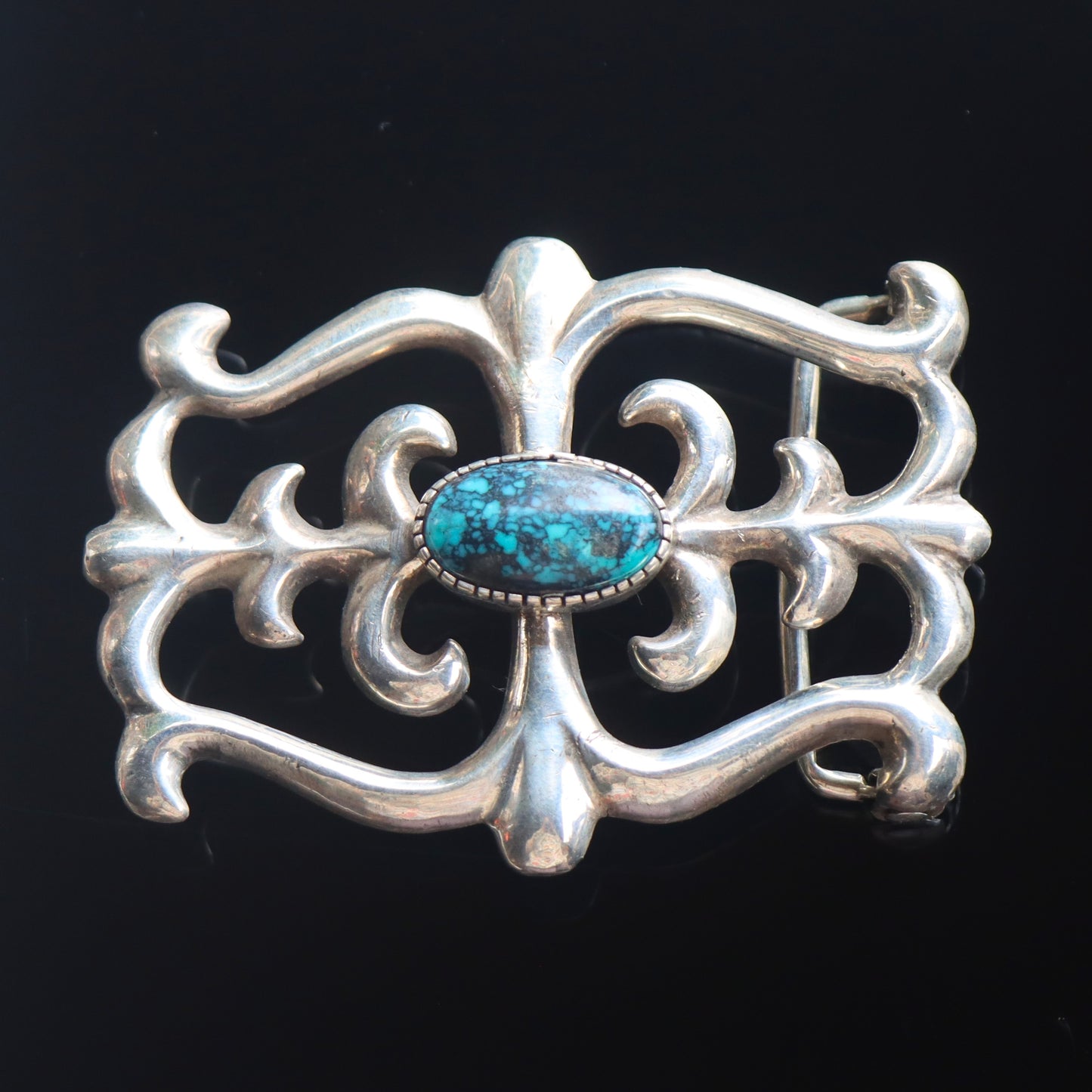 Vintage Navajo Sand Tufa Cast Sterling Silver Turquoise Signed Fred Baca Belt Buckle