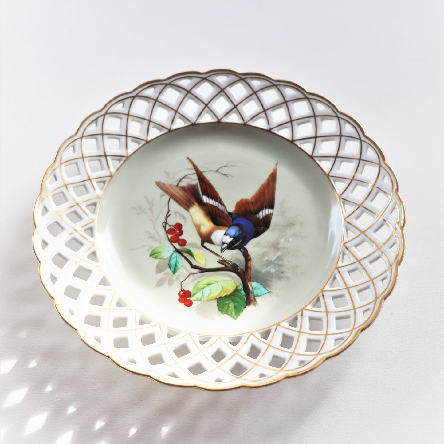 Antique German Berlin Porcelain Hand Painted Reticulated Bird Presentation Plate c1860