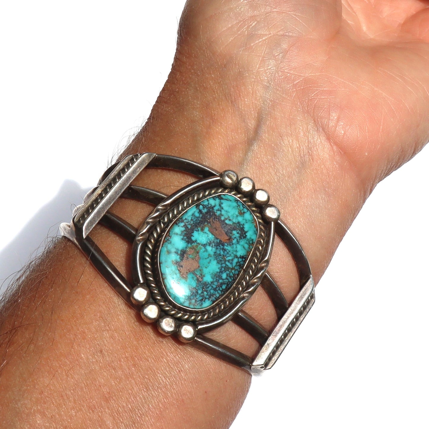 Vintage Large un Signed Navajo Bisbee Turquoise Sand Cast Cuff Bracelet