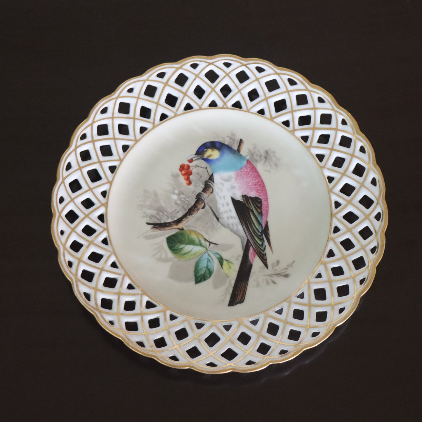 Antique German Berlin Porcelain Hand Painted Reticulated Bird Presentation Plate c1860