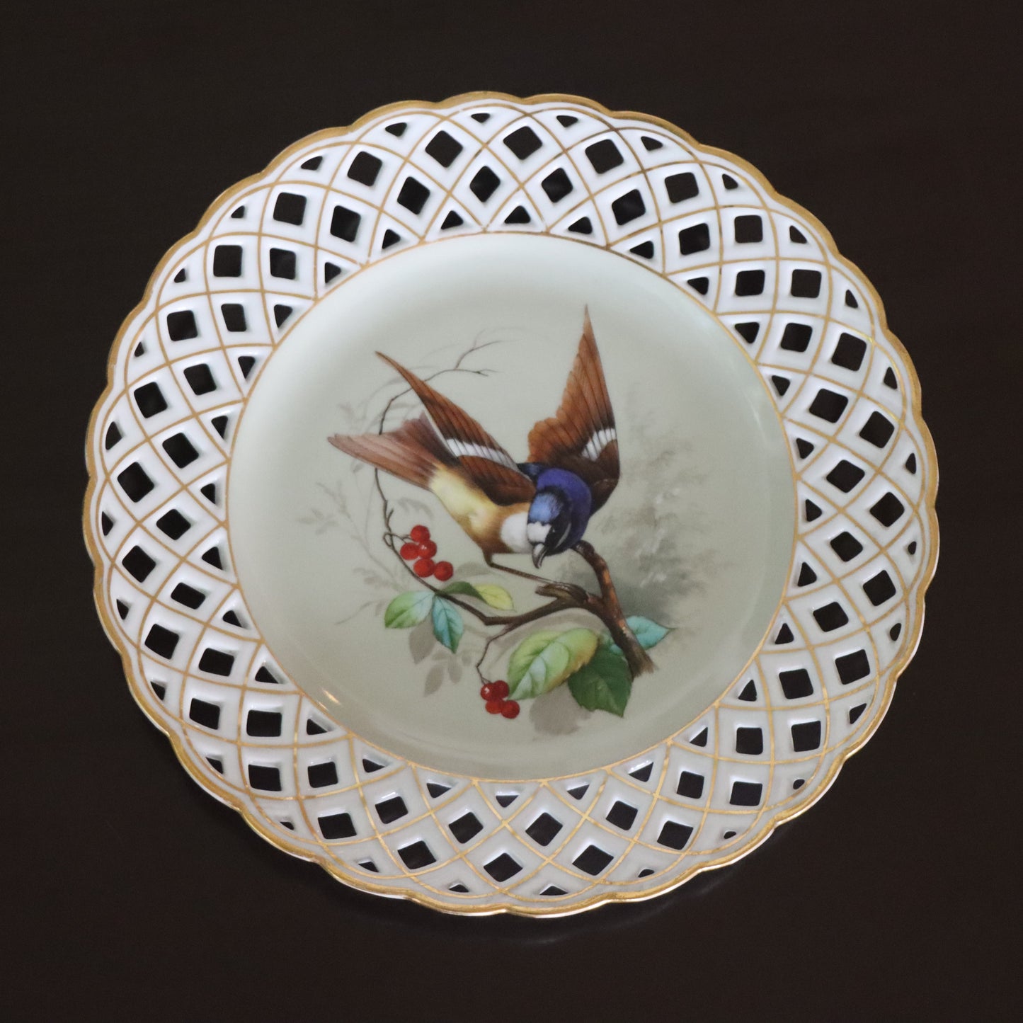 Antique German Berlin Porcelain Hand Painted Reticulated Bird Presentation Plate c1860