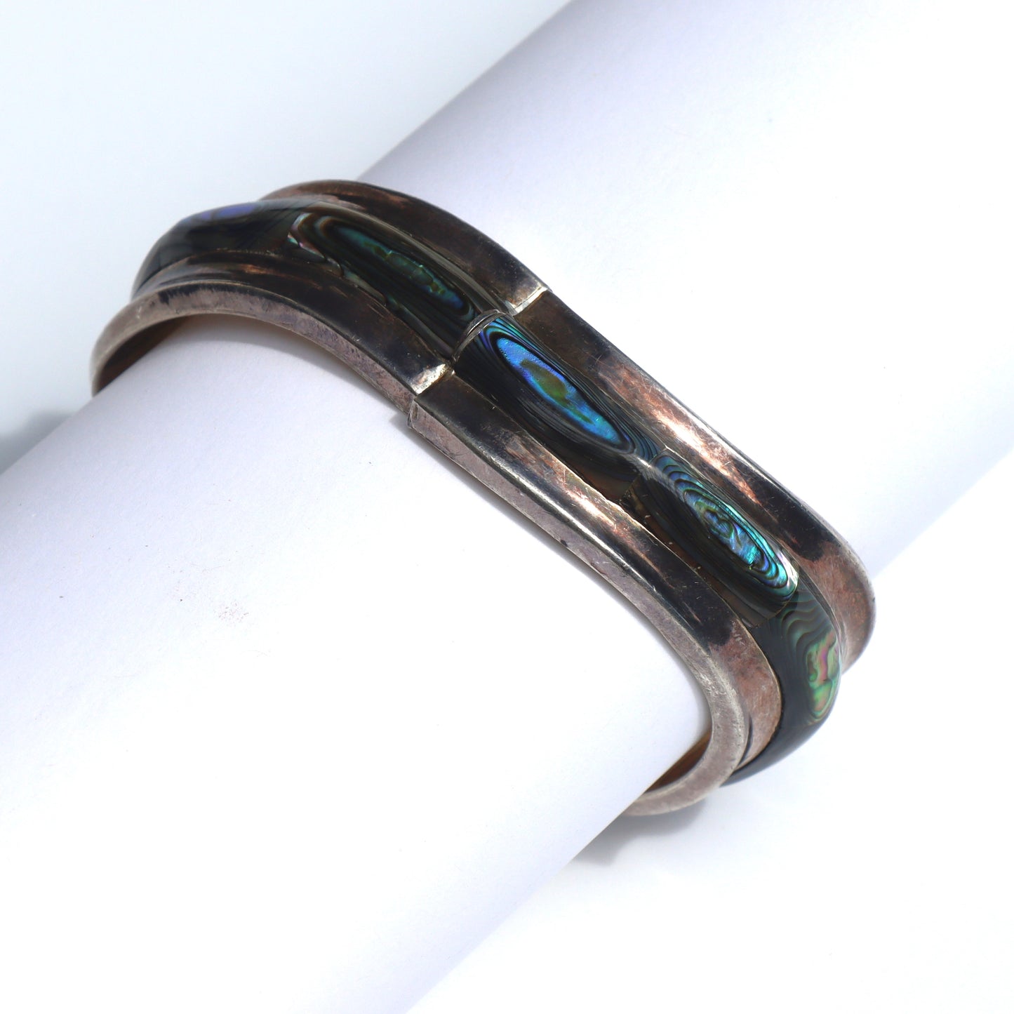 Vintage Taxco Mexico Mid Century Modern Sterling Silver Abalone Inlay Large Hinged Bracelet