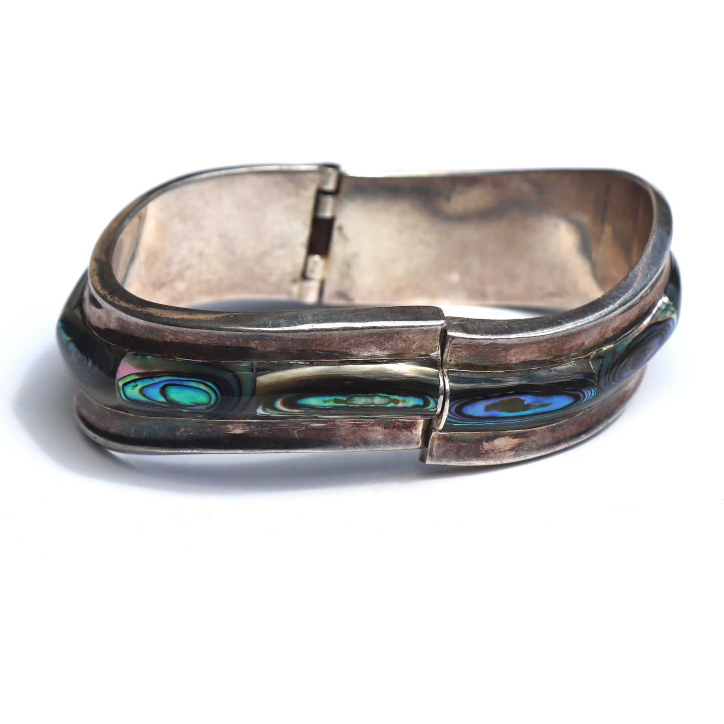 Vintage Taxco Mexico Mid Century Modern Sterling Silver Abalone Inlay Large Hinged Bracelet
