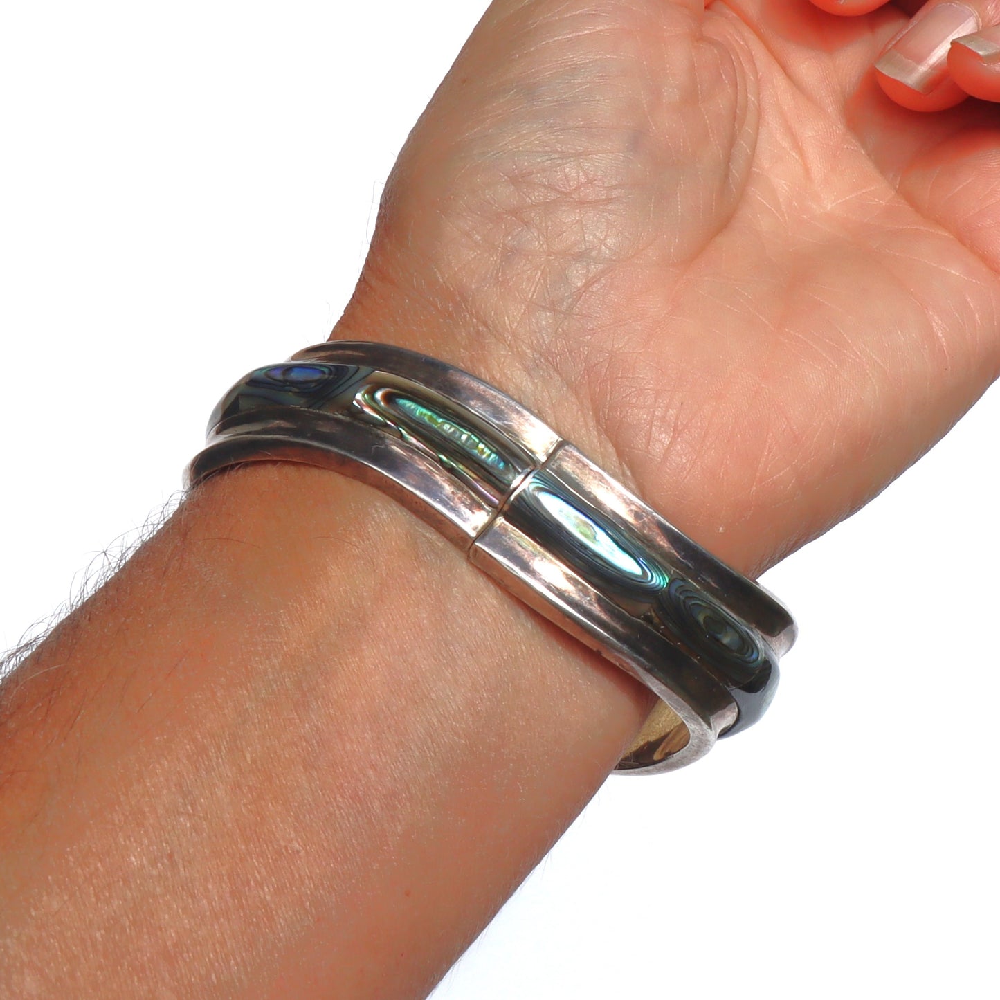 Vintage Taxco Mexico Mid Century Modern Sterling Silver Abalone Inlay Large Hinged Bracelet