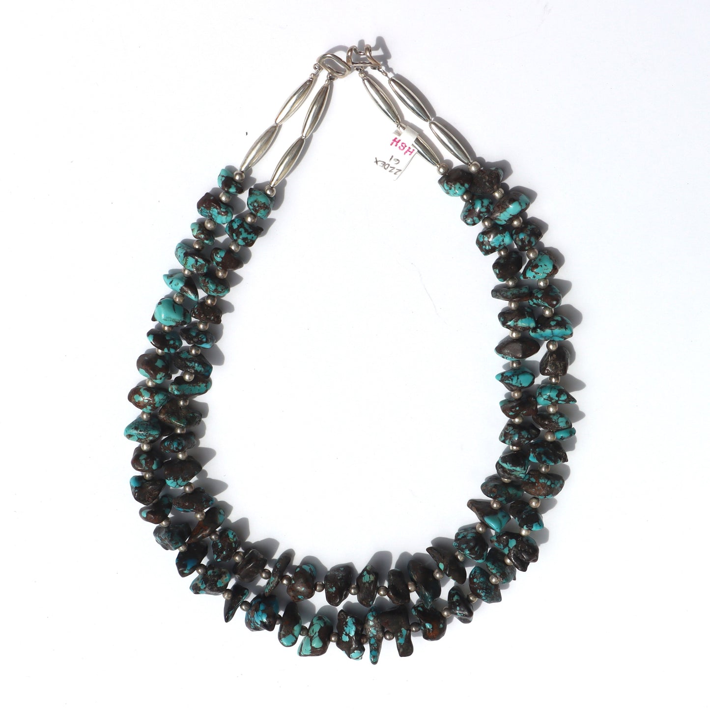 Vintage Santo Domingo Sterling Silver Turquoise Rough Polished Nugget Double Strand Necklace