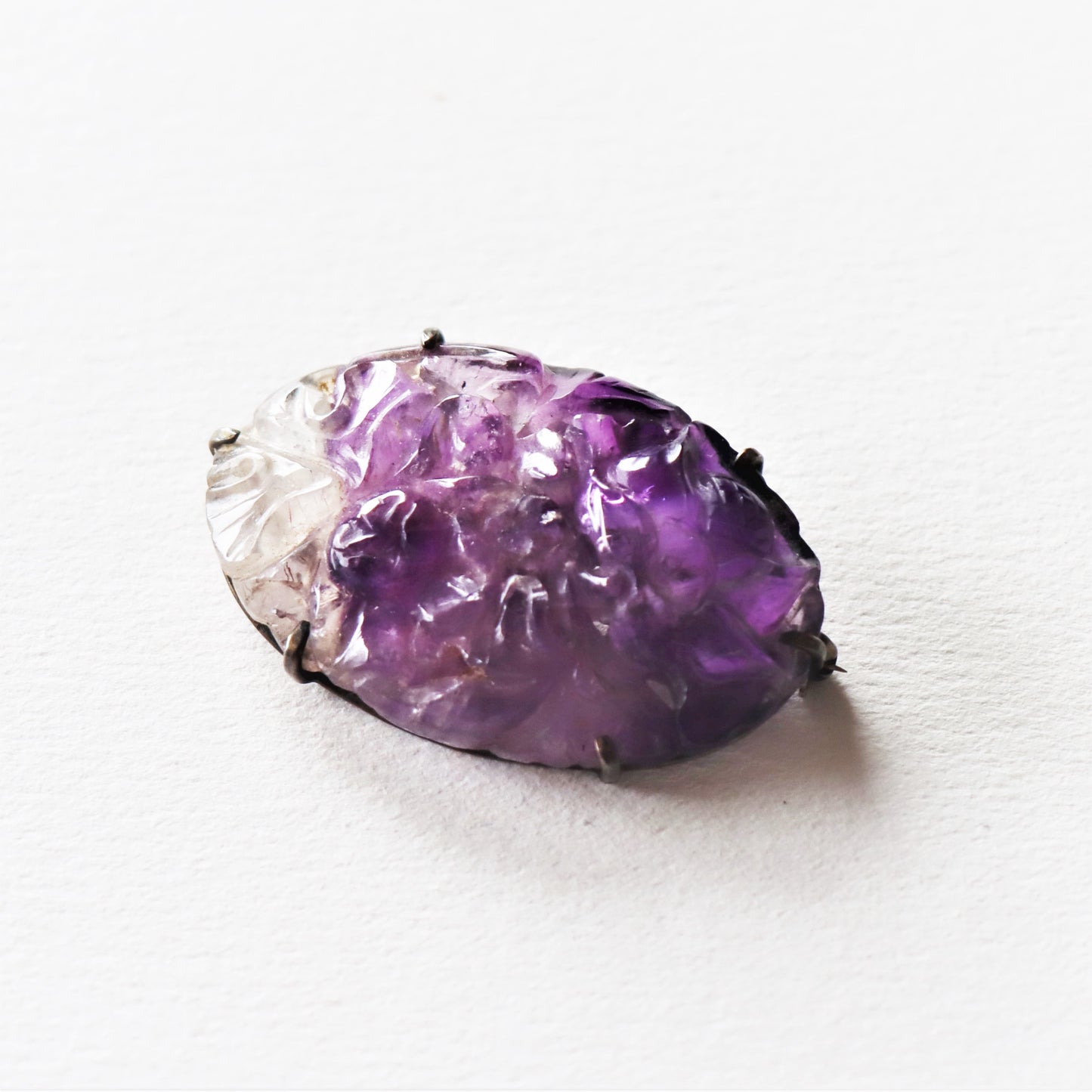Chinese Art Nouveau era Carved Amethyst Sterling Silver Brooch c1910