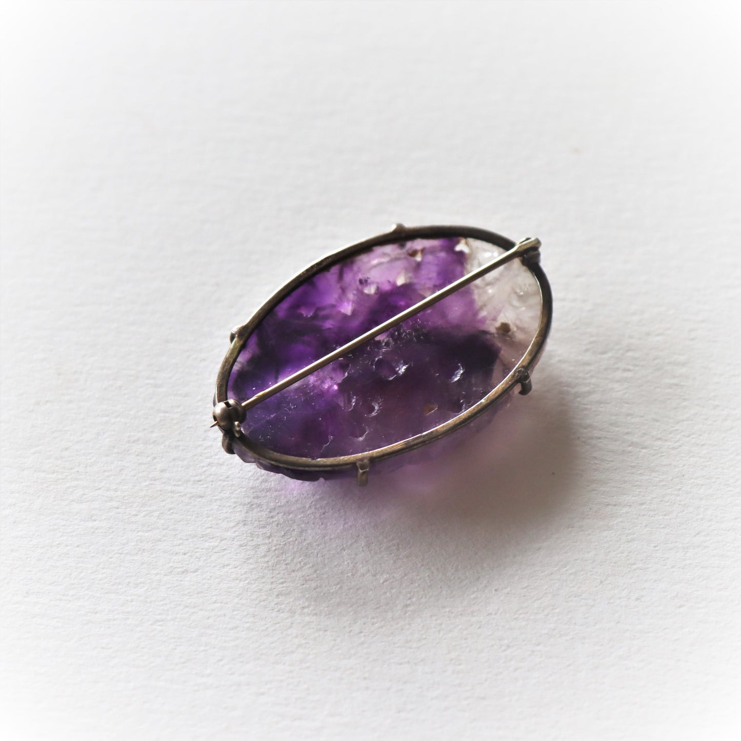 Chinese Art Nouveau era Carved Amethyst Sterling Silver Brooch c1910