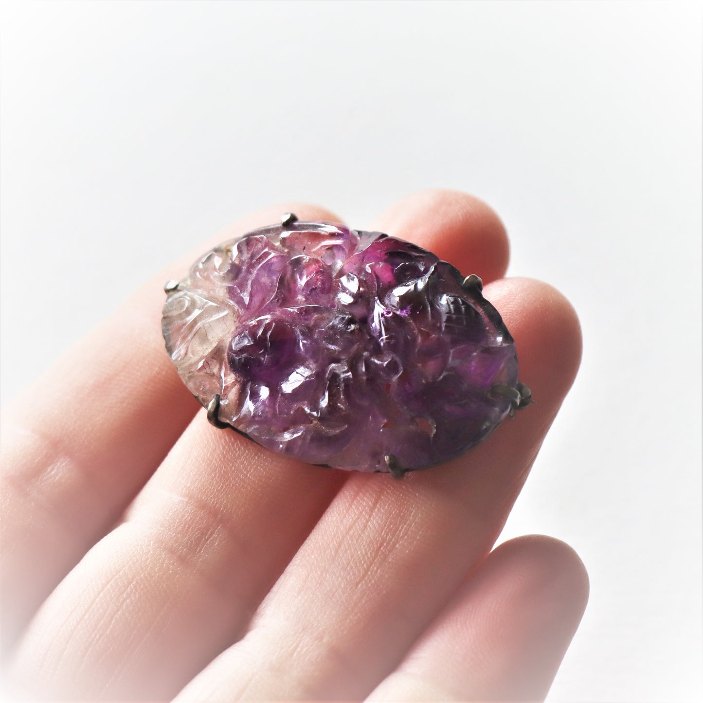 Chinese Art Nouveau era Carved Amethyst Sterling Silver Brooch c1910